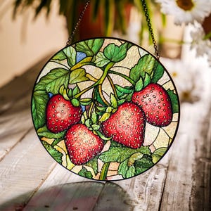 Strawberry Stained Glass Sun Catcher Strawberries LightCatcher Berry Window Hanging Home Decoration Fruit Lover Gift