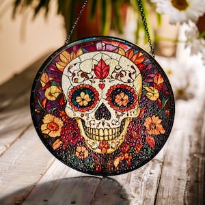 Dia De Los Muertos Sugar Skull attrape-soleil en verre teinté jour des morts attrape-lumière suspendus Halloween Calavera décoration de la maison