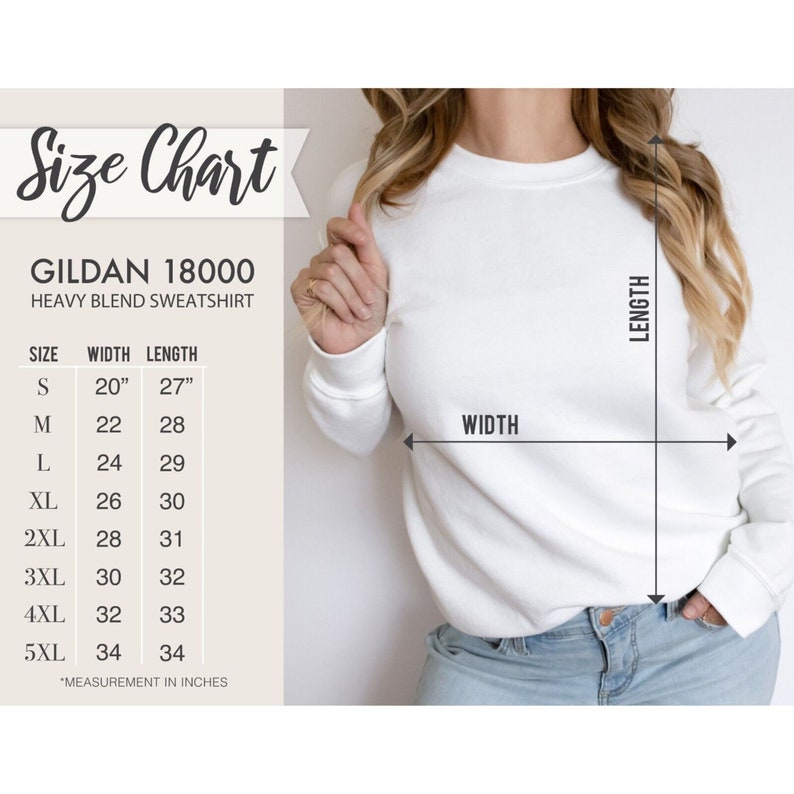 Peut inclure: Tableau des tailles pour les sweat-shirts en m&eacute;lange lourd Gildan 18000. Le tableau indique les mesures de largeur et de longueur en pouces pour les tailles S &agrave; 5XL.
