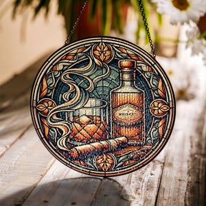 Whiskey & Cigar Stained Glass SunCatcher Whisky Window Hanging Home Decor Whiskey Lover Gifts