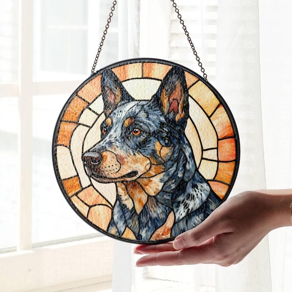 Łapacz światła witrażowy Blue Heeler: dekoracja domu w kształcie łapacza światła w kształcie australijskiego psa pasterskiego