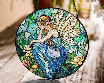 妖精のステンドグラスサンキャッチャー：魔法の森の窓飾り - Etsy 日本