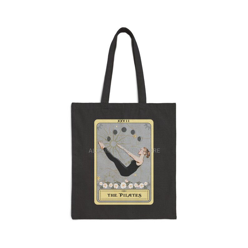 Pilates Tote Bag, The Pilates Tarot Card Tote Bag, Pilates Lover Gifts Pilate Poses Canvas Bag Pilates Totebag 15" x 16" Black