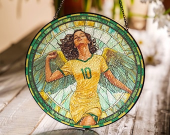Suncatcher vlag Brazilië: engel van gebrandschilderd glas, jerseykleuren