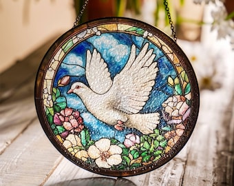 鳩のステンドグラスサンキャッチャー：平和の鳥の窓飾り - Etsy 日本