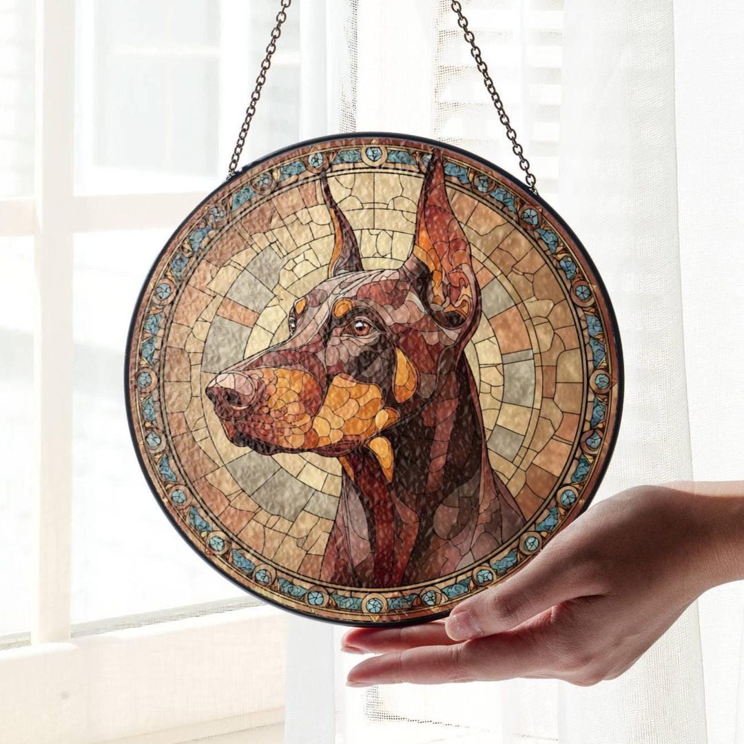 Red Doberman Stained Glass Suncatcher: Brown Doberman Dog Lover