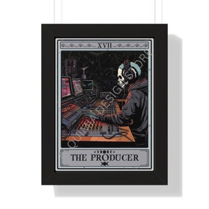May include: A tarot card illustration depicting a skeleton wearing headphones and operating a soundboard. The card is titled "The Producer" and features the Roman numeral XVII.