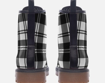 Black and White Tartan Boots Scottish Plaid Vegan Leather Combat