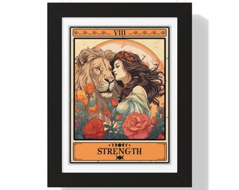 Strength Tarot Card Framed Print, Tarot Decor Framed Tarot Card Art Print Tarot Card Print Poster
