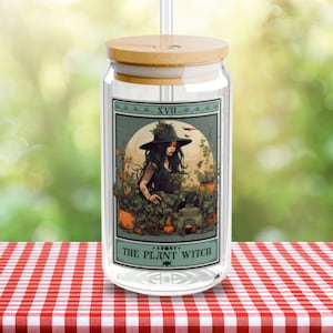 Vaso de la carta del tarot de la bruja de la planta, Regalos de jardinero, Regalo para amantes de las plantas, Vaso de cristal de 16 oz con tapa, Taza de planta de bruja