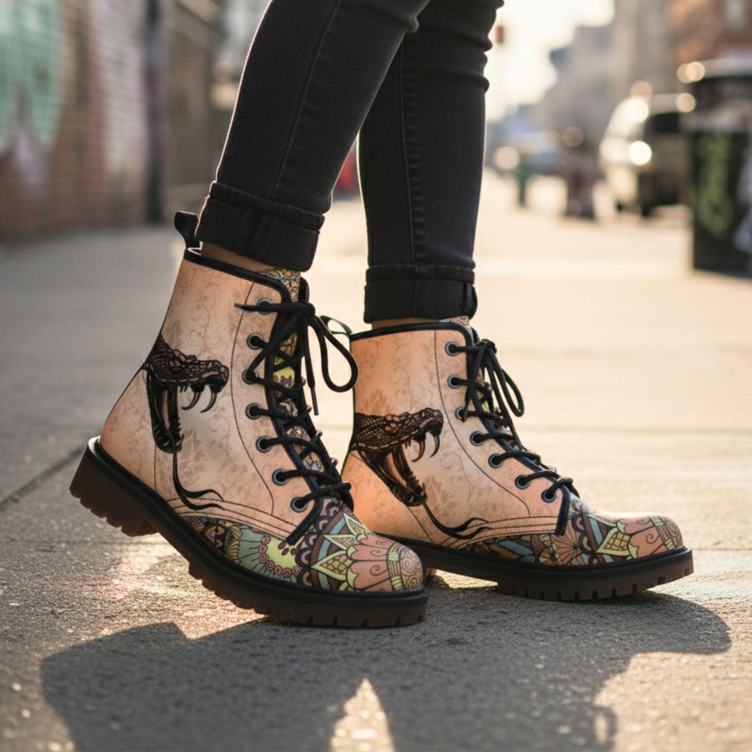 Snake Mandala Boots Vegan Leather Combat Boots: Unique Boho - Etsy