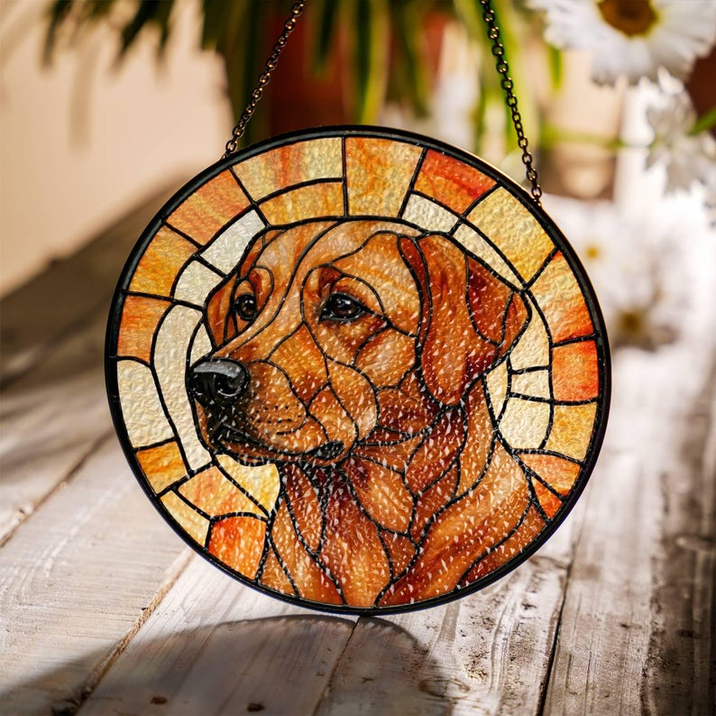May include: Round stained glass window featuring a brown Labrador Retriever dog. The artwork is framed in black and has a chain for hanging. The glass has shades of orange, yellow, and brown.