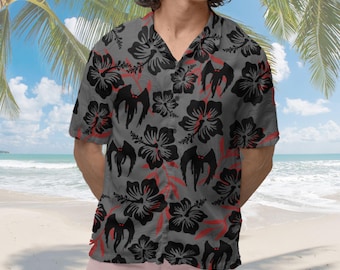 Camisa hawaiana de hombre polilla, camisa de hombre polilla, camisa críptica negra y roja de manga corta con botones, criptozoología