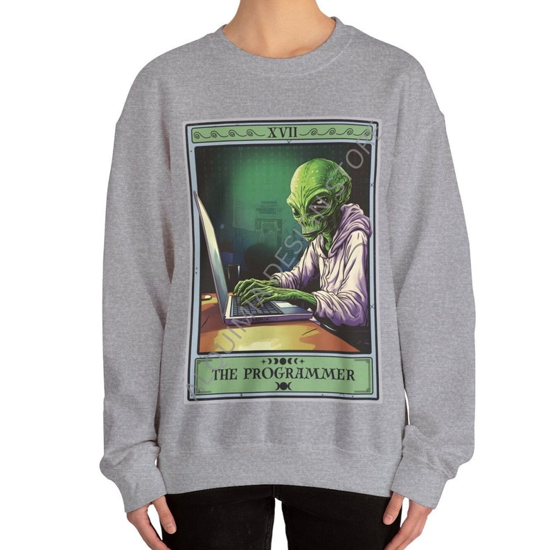 Sweat-shirt programmeur, sweat-shirt carte de tarot programmeur, pull codeur cadeau programmeur extraterrestre, cadeau pour codeur cadeaux Computer Geek Sport Grey