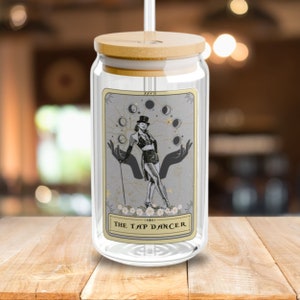 Vaso de cristal para cartas de tarot de The Tap Dancer, Vaso de claqué de 16 oz con tapa de bambú, Regalo de claqué, Tapdance