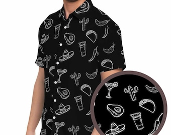 Meksykańskie jedzenie zapinane na guziki, koszula z guzikami Taco, koszula z awokado, koszula z jedzeniem hipsterskim, Foodie, koszula z kaktusem, meksykańskie jedzenie czarne