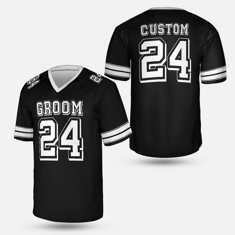 May include: Black football jersey with white accents. The front displays "GROOM" above the number "24". The back of the jersey shows "CUSTOM" above the number "24". The jersey has white stripes on the sleeves.