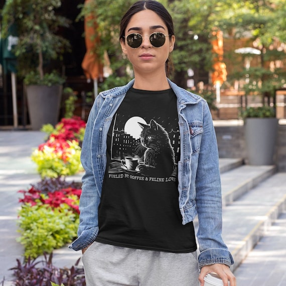 Coffee Cat Shirt, Black Cat Coffee Lover Tshirt Cat Shirt
