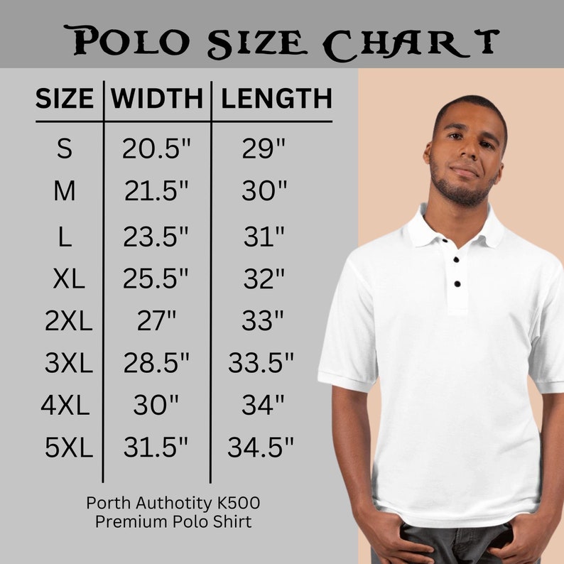 May include: Size chart for a polo shirt, showing width and length measurements in inches for sizes S through 5XL. The chart is labeled "Polo Size Chart".