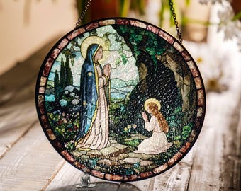 Vitrail attrape-soleil Dame de Lourdes : tenture catholique