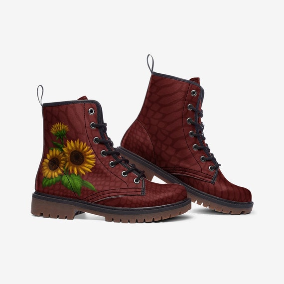 Sunflower Red Boots Flower Boots Vegan Leather Combat Boots Sunflower Boots Rave Boots Festival Ankle Boots Etsy