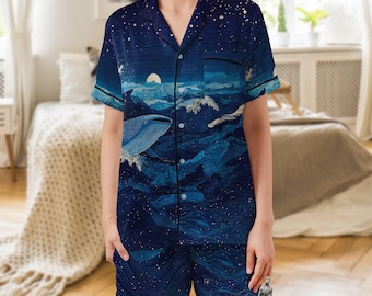 Pijama de satén con diseño de tiburón ballena: ropa de dormir de manga corta para amantes del océano