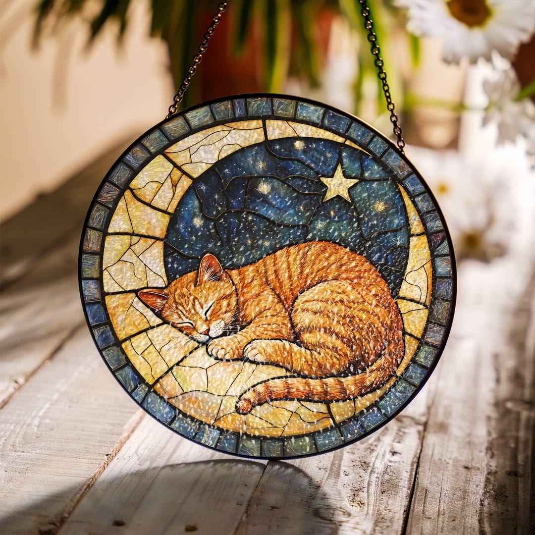 Sleeping Cat on Moon Suncatcher: Stained Glass Window Hanging - Etsy