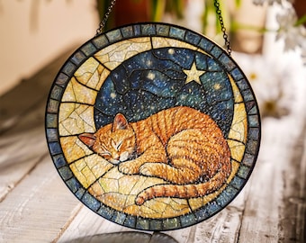 月の上で眠る猫のサンキャッチャー：ステンドグラスの窓飾り - Etsy 日本