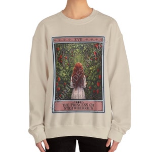 Erdbeer-Sweatshirt, die Prinzessin der Erdbeeren Tarot-Karte Erdbeer-Liebhaber-Geschenke für Obst-Liebhaber Erdbeer-Pullover mit Rundhalsausschnitt Sand