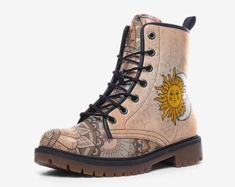Sun and Moon Combat Boots Mandala Vegan Leather Boots