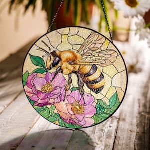 Bee Stained Glass SunCatcher Honey Bee with Flowers Light Catcher Window Hanging New Home Decor Beekeeper Gift