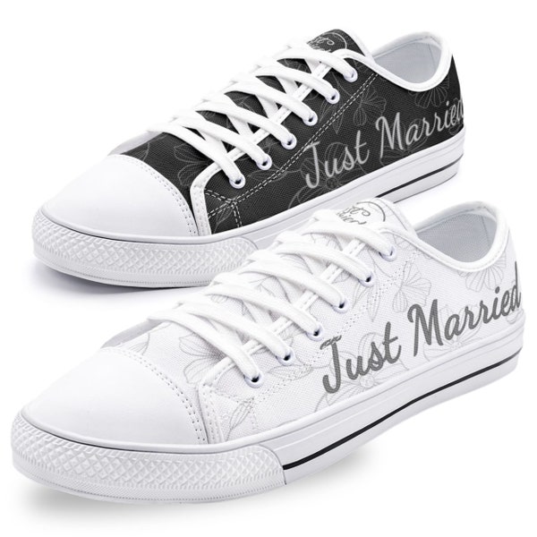 Just Married Husband and Wife Matching Shoes, Bride Sneakers Personalized Honeymoon Couples Just Married Bridal Shoes Custom Wedding Shoes