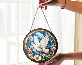 鳩のステンドグラスサンキャッチャー：平和の鳥の窓飾り - Etsy 日本