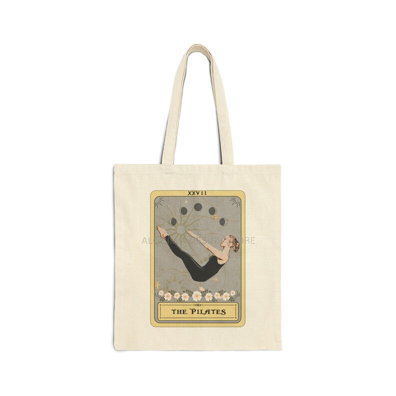 Pilates Tote Bag, The Pilates Tarot Card Tote Bag, Pilates Lover Gifts Pilate Poses Canvas Bag Pilates Totebag 15" x 16" Natural