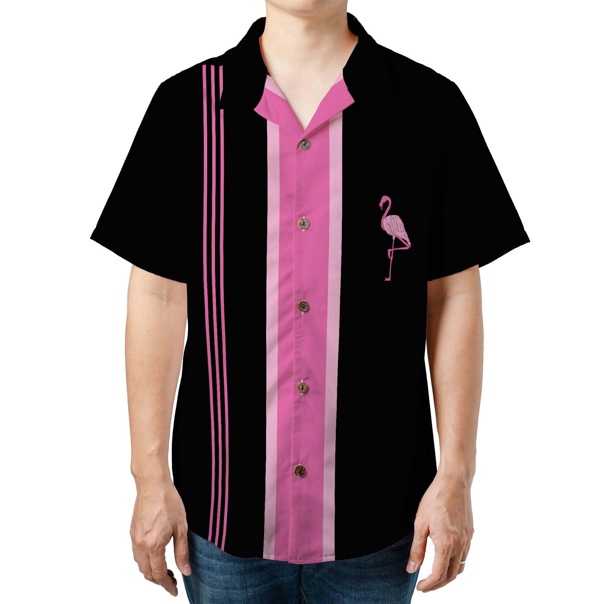 Flamingo Button Down Shirt With Pocket, Black and Pink Short