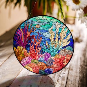 Coral Reef Stained Glass Suncatcher: Ocean Art Window Hanging