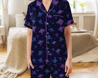 Conjunto de pijama OVNI: pijama de satén de manga corta para mujer