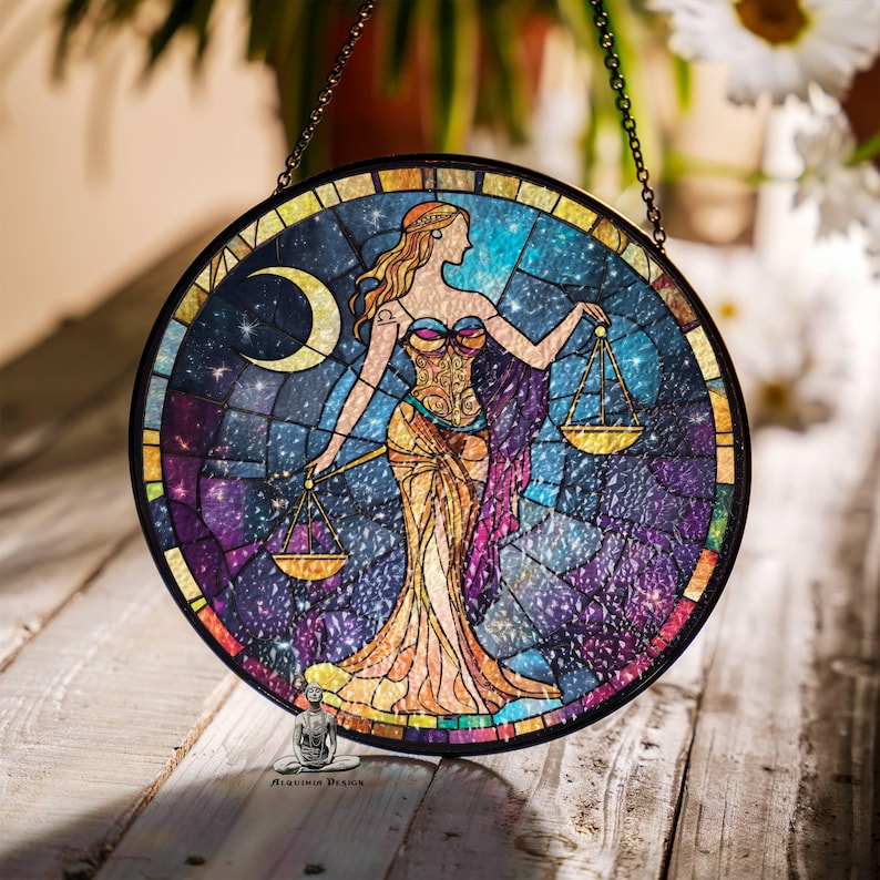 May include: A stained glass window hanging with a chain. The window is round and features a colorful depiction of the astrological sign Libra, a woman holding scales, against a starry night sky background.