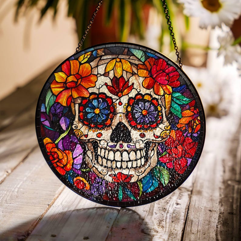 May include: A round stained glass window hanging with a colorful sugar skull design. The skull is surrounded by flowers in shades of red, orange, purple, and green. The skull has white teeth and black eyes with colorful floral designs.