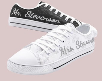 Custom Bride Groom Matching Shoes, Wedding Shoes Personalized Bridal Sneakers Unisex Low Top Canvas Shoes Custom Wedding Groom Bride Gifts