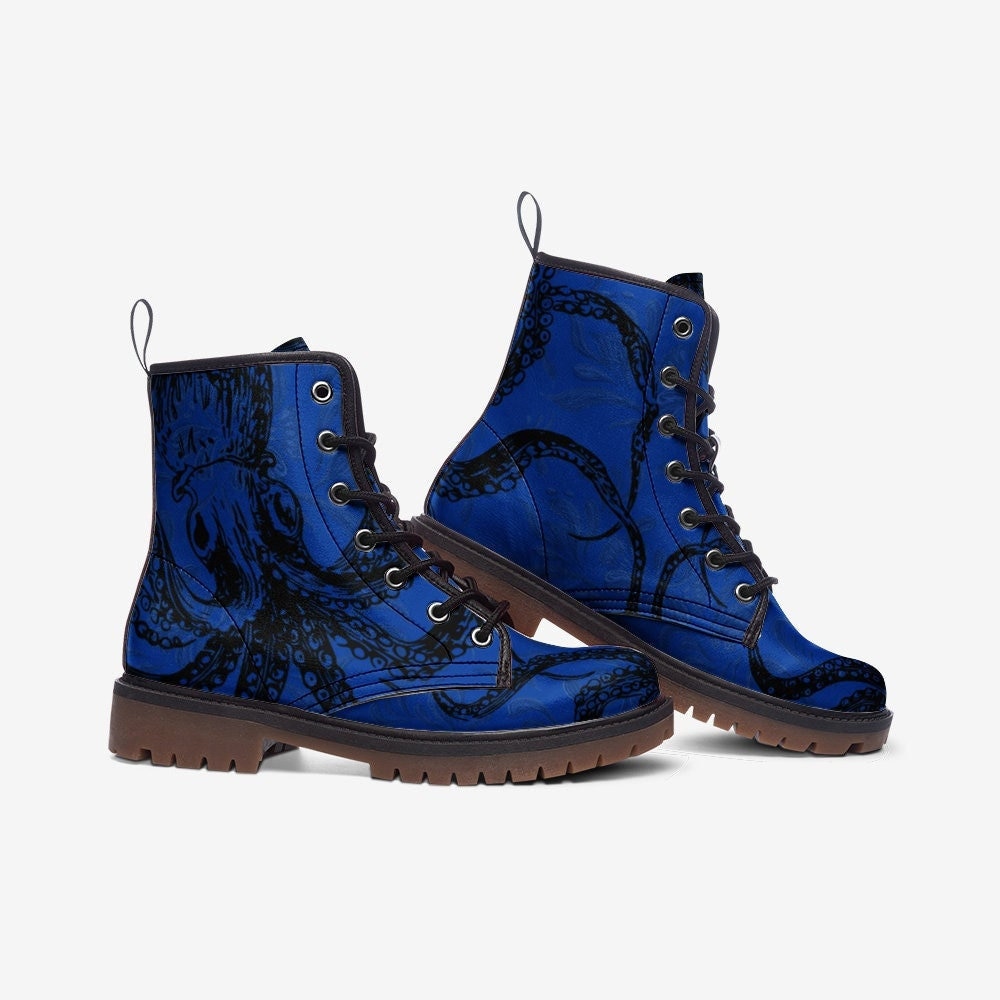 Octopus Boots Blue Vegan Leather Lace up Boots Gothic Boots  display picture 1