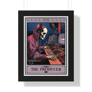 May include: A tarot card illustration depicting a skeleton wearing a hooded sweatshirt and headphones, sitting at a mixing board in a recording studio. The card is titled "The Producer" and features the Roman numeral XVII.