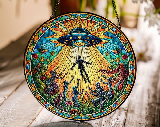 UFO Stained Glass Suncatcher: Alien Abduction Window Hanging