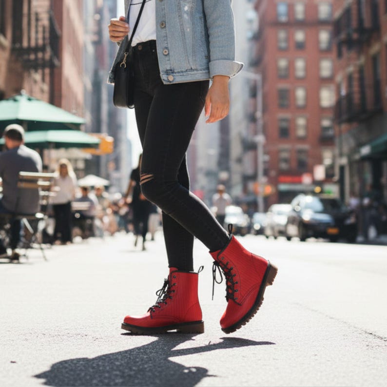 May include: A pair of bright red, lace-up boots with a textured pattern. The boots are worn with black jeans and a denim jacket. The image is taken on a city street with buildings in the background.