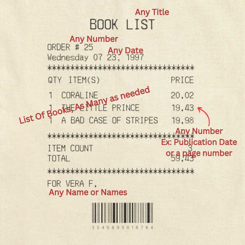 Book List Receipt Tote Bag, Personalized Book Lover Gifts For Librarian Gift, Custom Book List Tote Bag, Book Themed Tote Bag Canvas image 2