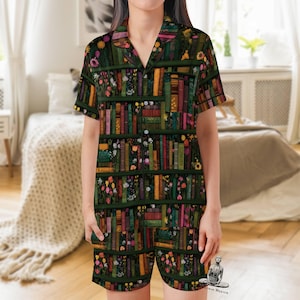 Satin Book Print Pajama Set: Short Sleeve Reader Loungewear