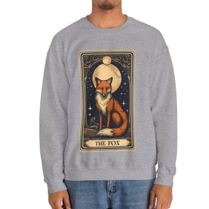 Fox Sweatshirt, The Fox Tarot Card Sweatshirt, Fox Lover Gifts for Fox Lover Sweater, Fox Crew Neck Jumper Sport Grey