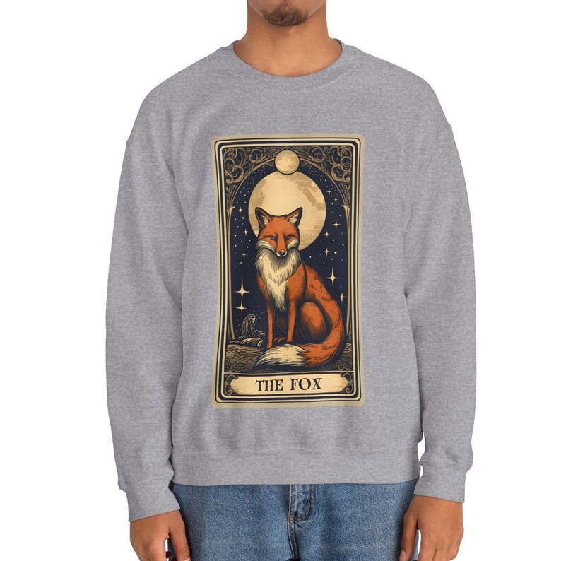 Fox Sweatshirt, The Fox Tarot Card Sweatshirt, Fox Lover Gifts for Fox Lover Sweater, Fox Crew Neck Jumper Sport Grey