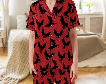 Mothman Pajama Set: Women's Red Satin Short Sleeve Sleepwear