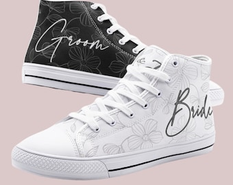 Bride Groom Matching Shoes Custom Wedding Shoes, Bride Sneakers Personalized Wedding Shoes for Bride and Groom Matching High Top Sneakers